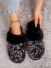 preiswerte Damenslipper &amp; Flip-Flops-Schwarze, mit Pailletten und Fell gefütterte Damen-Hausschuhe mit mehrfarbigem Glitzer und bequemer Sohle – ideal für Luxus und Wärme in Innenräumen