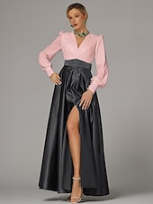 cheap GREEN-A-Line Evening Gown High Split Dress Formal Wedding Guest Floor Length Long Sleeve V Neck Fall Wedding Guest Satin with Pleats Slit