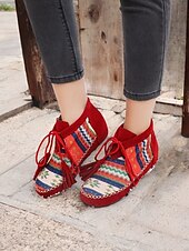 cheap Ankle Boots-Women&#039;s Boho Ankle Boots with Ethnic Print Panels, Tassel Lace-Up Design, and Comfortable Low Sole – Perfect for Casual and Festival Wear