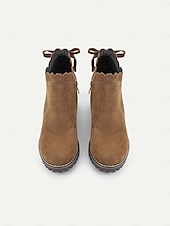 preiswerte Stiefeletten-braune Wildlederstiefeletten für Damen mit gewelltem Rand und Blockabsatz – lässiger Vintage-Stil für jeden Tag
