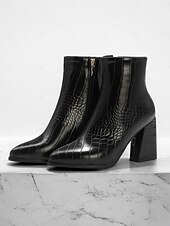preiswerte Stiefeletten-Grüne Stiefeletten aus Kunstleder mit Krokodilprägung für Damen mit Blockabsatz und spitzer Zehenpartie – ideal für legere oder elegante Anlässe