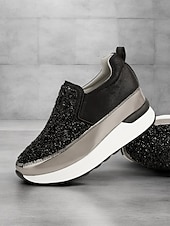 billige Sneakers til kvinner-svarte slip-on joggesko for kvinner med glitterpynt og plattformsåle – stilige fritidssko for hverdagsbruk