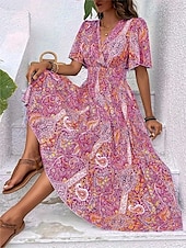 abordables Robes Bohémiennes-Femmes Robe maxi Robe Décontractée Robe évasée Robe trapèze Robe bohème Occasionnel Quotidien Coupe régulière Fleuri Paisley Manche Courte Col en V Bleu Fuchsia Été Printemps Automne