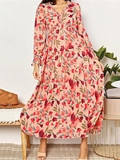 preiswerte Elegante Blumenkleider-Damen Maxikleid mit Blumenmuster und V-Ausschnitt, lange Ärmel, Frühling/Herbst