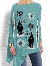 billige Dressy topper-Dame Skjorte Bluse Katt Fritid Langermet Crew-hals Lange topper Daglig Trykt mønster Asymetrisk kant Blå Kakifarget Beige Høst Vinter