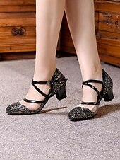 abordables Chaussures de danses latines-chaussures de danse à paillettes noires pour femmes avec brides croisées, semelle en daim souple et talons bas – parfaites pour les événements de salon, latins et de fête