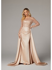 preiswerte Sekt-Meerjungfrau Abendkleid Elegantes Kleid Karneval Maskerade bodenlang langärmlig Illusions-Ausschnitt Champagner Brautmutter Kleid Satin mit Perlen Überrock