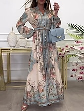 billige Elegante blomsterkjoler-kvinners floral splitt hals maxi kjole langermet sommer våren