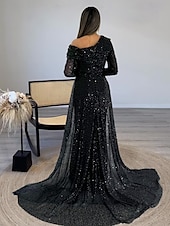 economico GIALLO-Abito da sera sagomato abito elegante formale strascico  spazzola maniche lunghe scollatura illusoria champagne madre della sposa abito in raso con perle sovraspettacolo