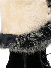 baratos Botas de neve e inverno-botas femininas de camurça sintética com cadarço até o joelho e punhos de pele sintética – calçados de inverno estilosos com sola grossa