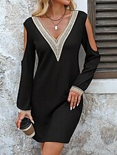 preiswerte schwarzes Minikleid-Damen schwarzes kleid Midikleid Kontrastspitze Elegant V Ausschnitt Langarm Schwarz Farbe