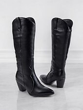levne Cowboy &amp; Western Boots-černé westernové boty z umělé kůže po kolena se špičatou špičkou a blokovými podpatky – elegantní styl kovbojky pro ženy