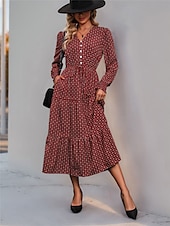abordables Robes de travail-Femme Robe mi-longue Robe casual Robe Évasée Robe Trapèze Décontractées du quotidien Standard Floral manche longue Col V Vin Printemps Automne