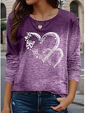 billige Kunst &amp; Design t-skjorte-Valentine Dame Hjerte T Skjorte Casual Vanlige topper Lang erme Crew Neck Print Vanlig passform Daglig Lilla Vår Høst