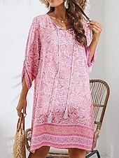 levne Boho šaty-Dámské Mini šaty Volnočasové šaty Boho šaty Na běžné nošení Denní Běžný Květinový 3/4 délka rukávu Do V Bílá Světlá růžová Námořnická modř Léto Jaro