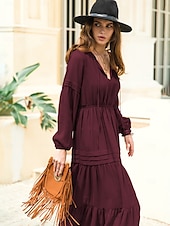 preiswerte Elegante Blumenkleider-Damen Maxidress Casual kleid Boho-Kleid Feste Farbe Retro Romantisch Täglich Verabredung Urlaub Patchwork Mit Gürtel Langarm V Ausschnitt Kleid Regular Fit Wein Herbst Winter S M L XL XXL