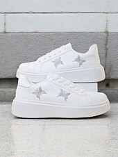 economico Sneakers da donna-sneakers da donna bianche con plateau e ricamo a farfalla | scarpe casual con lacci per tutti i giorni