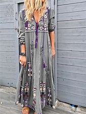 abordables Robes fleuries décontractées-robe longue à fleurs pour femmes, col en V, manches longues, été, printemps