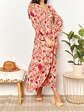 preiswerte Elegante Blumenkleider-Damen Maxikleid mit Blumenmuster und V-Ausschnitt, lange Ärmel, Frühling/Herbst