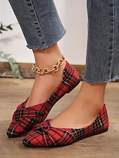 abordables Ballerines femme-ballerines à carreaux tartan rouges pour femmes – chaussures à enfiler au design noué festif pour les vacances et les tenues décontractées