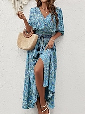 abordables Robes Bohémiennes-Femme Robe Maxi Robe casual Robe Évasée Robe Trapèze robe boheme Décontractées du quotidien Standard Floral Cachemire Demi Manches Col V Bleu Marron Eté Printemps Automne