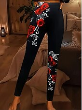 baratos Calça-Leggings Femininas Calças de Moda Estilo de Rua Comprimento Total Cintura Alta Estampas de Rosas Térmicas Quentes Respirável Macio Microelástico Para o Dia a Dia Preto Outono Inverno Ajuste Regular