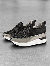 billige Sneakers til kvinner-svarte slip-on joggesko for kvinner med glitterpynt og plattformsåle – stilige fritidssko for hverdagsbruk