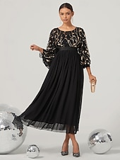 preiswerte SCHWARZ-A-Linien Abendkleid Elegantes Kleid Hochzeit Hochzeitsgast Knöchellang 3/4 lange Ärmel Juwelkragen Nylon mit Glitzer