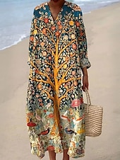 cheap Print Cotton &amp; Linen Dresses-Women&#039;s Maxi Dress Linen-Inspired Dresses Casual Dress Swing Dress Casual Daily Regular Fit Floral Long Sleeve V Neck Navy Blue Khaki Beige Summer Spring Fall