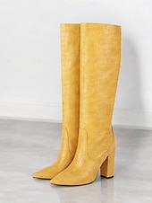 preiswerte Modische Stiefel-burgunderfarbene kniehohe Stiefel mit Krokoprägung für Damen – stylische Stiefel mit spitzer Spitze und Blockabsatz für die Herbst- und Wintermode