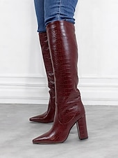preiswerte Modische Stiefel-burgunderfarbene kniehohe Stiefel mit Krokoprägung für Damen – stylische Stiefel mit spitzer Spitze und Blockabsatz für die Herbst- und Wintermode