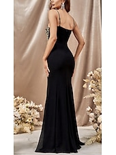 preiswerte SCHWARZ-Meerjungfrau/Trompete Abendkleid elegantes Kleid Hochzeitsgast Sweep/Pinsel Schleppe ärmellos V-Ausschnitt Chiffon Satin mit Glitzer 2025
