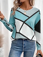 cheap Stripe&amp;Geometric tee-Women&#039;s T Shirt Casual Color Block Print Long Sleeve Regular Tops Crew Neck Daily Pink Navy Blue Blue Purple Spring Fall