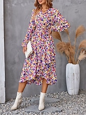 ieftine Rochii florale elegante-rochie midi dama cu decolteu in V cu maneca lunga vara primavara