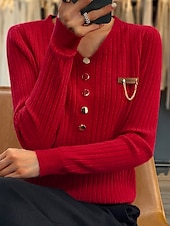 cheap Solid Colors-Women&#039;s Pullover Sweater Jumper Stylish Casual Soft Solid Color Ribbed V Neck Buttons Long Sleeve Regular Tops Knit Outdoor Daily Going out Black White Fall Winter