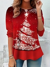 preiswerte Kunst &amp; Design T-Shirt-Frauen T-Shirt Urlaub Sweatshirt Langarm Schneemann Druck Farbe Block Rot Weiß Winter Party Lässiger Pullover Festliche Kleidung Apparel
