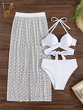 preiswerte 3-teiliges Bikini-Set-Damen Bikini 2-teiliges Schwimmbad Rock Slim Rückensfrei Urlaub Strandbekleidung Einfarbig Halterneck Ärmellose Badeanzüge