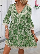 preiswerte Ausgefallene Kleider-Damen Minikleid Casual kleid Boho-Kleid Brautkleider schlicht Täglich Regular Fit Blumen 3/4 Ärmel V Ausschnitt Wein Blau Grün Sommer Frühling Herbst