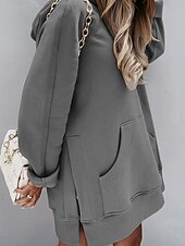 cheap Sweatshirt &amp; Hoodie Dresses-Women&#039;s Hoodie Dress Mini Dress Pocket Casual Hooded Long Sleeve Black White Gray Color