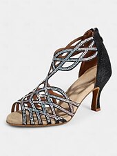 abordables Chaussures de danses latines-sandales de danse noires à strass pour femmes avec design à lanières et talon moyen – parfaites pour la danse de salon, la salsa et la danse latine