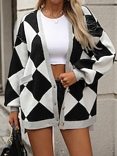 cheap Cardigans &amp; Outerwears-Women&#039;s Oversized Cardigan Open Front Knit Fall Winter Going out Fashion Streetwear Long Sleeve Geometric Color Block Black Blue
