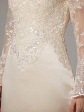 preiswerte Teelänge-Sheath Kleid Mutter der Braut Kleid Elegantes Vintage Luxuriös Juwelen-Hals Knie-Länge Satin Spitze Langarm Tee-Länge mit Applikationen