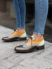 economico Scarpe oxford da donna-scarpe oxford brogue multicolor da donna con motivo a chevron e pannelli in similpelle a contrasto – ballerine stringate di ispirazione vintage