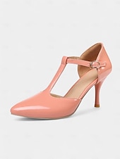 economico Semi-formale-eleganti tacchi a spillo con cinturino a T in vernice rossa da donna - ideali per matrimoni e occasioni speciali