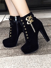 abordables Bottines-bottines en daim marron pour femmes - modèle à lacets avec boucle dorée et détails zippés, chaussures à talons hauts à plateforme pour des looks décontractés et de fête élégants