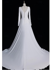 cheap Wedding Dresses-Wedding Dresses A-Line Notch lapel collar Long Sleeve Court Train Satin Bridal Gowns With Solid Color