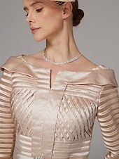 tanie Długość herbaty-Sukienka w Kształcie Sheath Garnitur Sukienka Matki Panny Młodej Elegancka Urocza Plus Size Dekolt Bateau Długość do Kolan Satynowa Rękaw 3/4 Długość Herbaciana z Wstążką  Kryształami Sukienka na