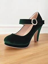 Women's Green Velvet Mary Jane Pumps with Pearl-Embellished Buckle - Vintage High Heels for Parties and Special Occasions 11