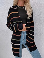 abordables Cardigans et vêtements d&#039;extérieur-Femme Gilet Cardigan Elégant Mode du quotidien Rayé Ouvrir le devant Tricoté manche longue Hauts longs Tricoter Sortie Fin de semaine Noir Blanche Automne Hiver