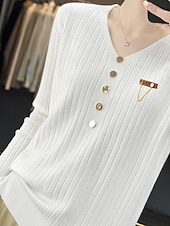 cheap Solid Colors-Women&#039;s Pullover Sweater Jumper Stylish Casual Soft Solid Color Ribbed V Neck Buttons Long Sleeve Regular Tops Knit Outdoor Daily Going out Black White Fall Winter